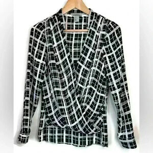 H&M Women’s Black White Plaid Art to Wear Polyester Layered Office Work Blouse 2